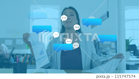 Composite image of caucasian woman holding digital tablet with blank placard against cityscape 115747574