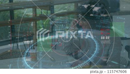Image of network of connections and data processing over dark background Image of network of connections and data processing over dark background 115747606