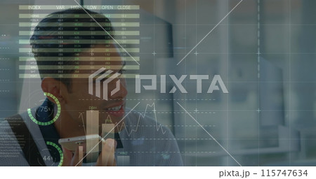 Image of financial data and graphs over happy hispanic man using smartphone Image of financial data and graphs over happy hispanic man using smartphone 115747634