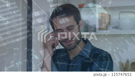 Image of financial data and graphs over happy caucasian man using smartphone Image of financial data and graphs over happy caucasian man using smartphone 115747652