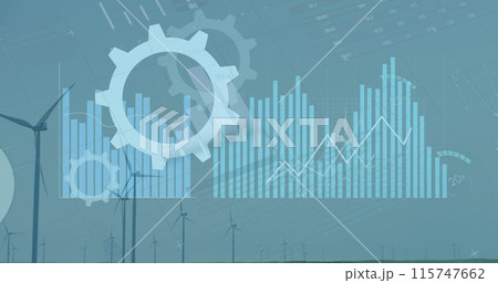 Image of statistics and data processing over wind turbines 115747662