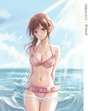 海の上にいるピンクのビキニの水着の若い女性　AI画像 115747663
