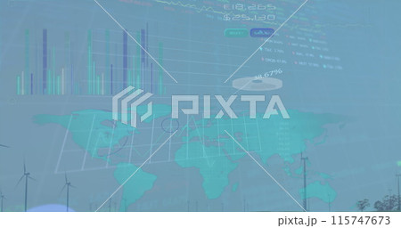 Image of graphs, charts with world map against...のイラスト素材 [115747673 ...