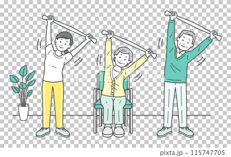 Illustration set of elderly men and women stretching and caregivers 115747705