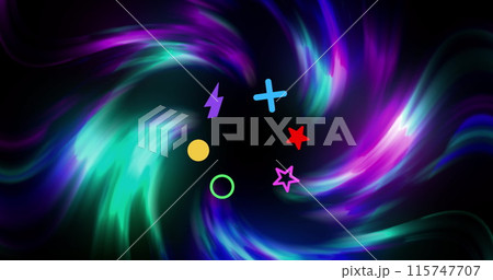 Image of colorful shapes over light trails on black background 115747707
