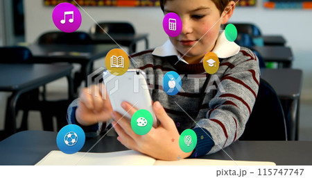 Image of colorful icons over caucasian schoolboy using smartphone 115747747