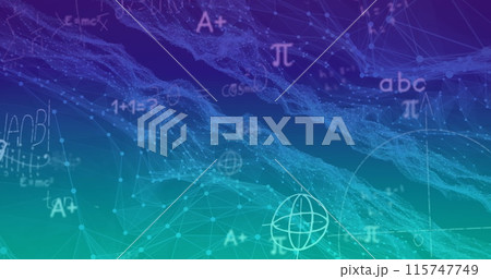 Images of network of connections with mathematical formulas on blue background 115747749