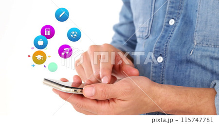 Image of colorful icons over caucasian man using smartphone 115747781