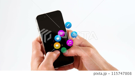 Image of colorful icons over hands using smartphone Image of colorful icons over hands using smartphone 115747808