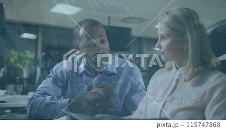 Image of data processing over diverse business people at office 115747868