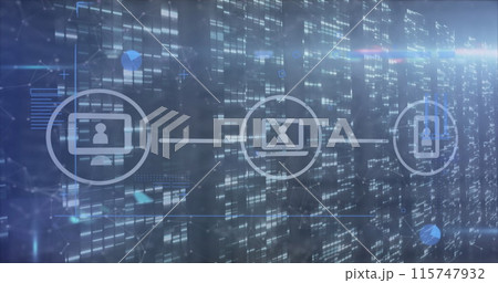 Image of financial data processing over icons and moving columns on black background 115747932