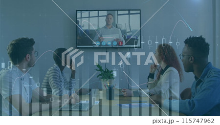 Image of statistics and financial data processing over business people at meeting in office 115747962