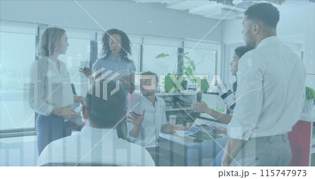 Image of statistics and financial data processing over business people discussing in office 115747973