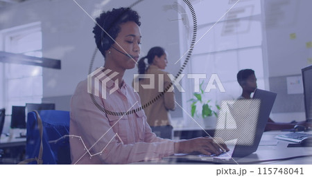 Image of data processing over diverse business people in office 115748041