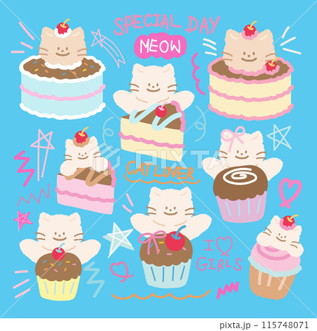 Cakes and cupcakes with cat for cartoon character, comic, mascot, plush toy, doll, sweet dessert, cafe, Valentine's card, patches, stickers, pet, vet, food logo, icon, birthday party, cat lover, logo Cakes and cupcakes with cat for cartoon character, comic, mascot, plush toy, doll, sweet dessert, cafe, Valentine's card, patches, stickers, pet, vet, food logo, icon, birthday party, cat lover, logo 115748071