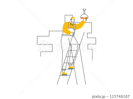 Lighting and Electricity Vector Illustration featuring a Light Bulb, Lamp, and Energy Maintenance Service Panel Cabinet for Technician Electrical Work 115748187