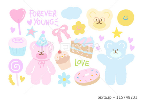 Happy Birthday illustration with teddy bear, party hat, cupcake, cake, candy, donut, pink ribbon, star for birthday card, party, cafe, restaurant, menu, recipe, baking, cartoon, kids, toddler, sticker 115748233