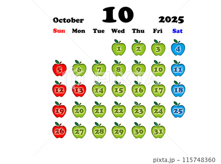2025 カレンダー りんご 10月 115748360