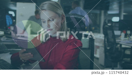 Image of statistical data processing over caucasian woman using digital tablet at office Image of statistical data processing over caucasian woman using digital tablet at office 115748432