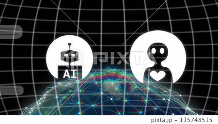 Image of ai data processing and icons over globe and dark background Image of ai data processing and icons over globe and dark background 115748515
