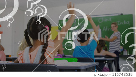 Image of question marks over diverse schoolchildren raising hands Image of question marks over diverse schoolchildren raising hands 115748539