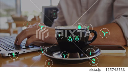 Image of multiple icons, close up of coffee cup, midsection of caucasian man working on laptop Image of multiple icons, close up of coffee cup, midsection of caucasian man working on laptop 115748588