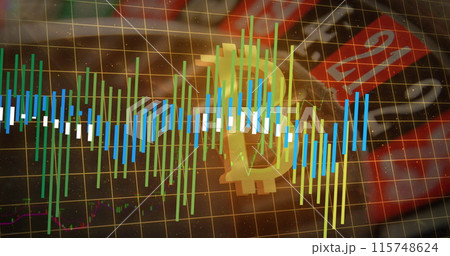 Image of financial data processing over bitcoin symbol Image of financial data processing over bitcoin symbol 115748624