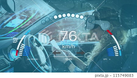 Image of car interface over caucasian woman with vr headset sitting in car 115749083