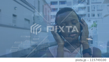 Image of digital data processing over african american women using headphones 115749100