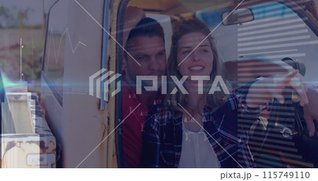 Image of digital data processing over two caucasian people in car 115749110