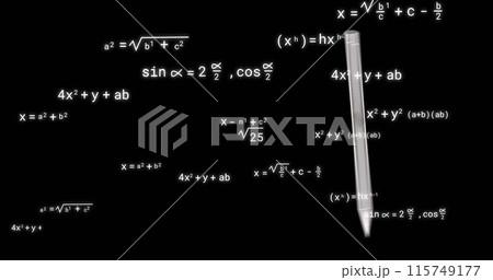 Image of school icons over mathematical equations on black background Image of school icons over mathematical equations on black background 115749177