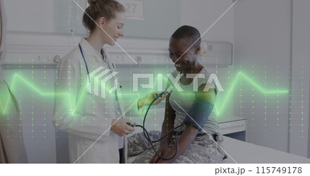 Image of data processing over caucasian female doctor with female patient Image of data processing over caucasian female doctor with female patient 115749178