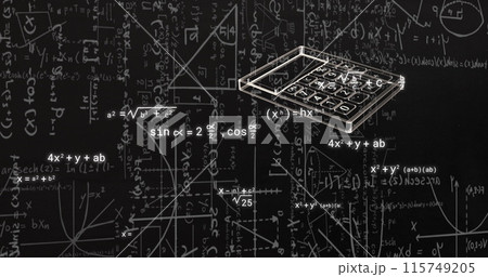 Image of school icons over mathematical equations on black background Image of school icons over mathematical equations on black background 115749205
