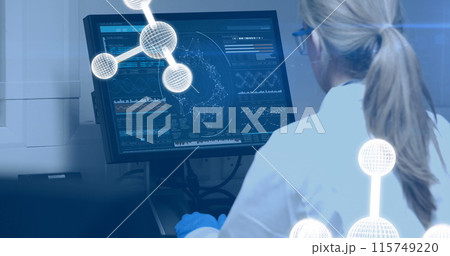 Image of molecules over caucasian female scientists using computer in lab Image of molecules over caucasian female scientists using computer in lab 115749220