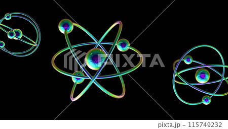 Image of atom models spinning on black background Image of atom models spinning on black background 115749232