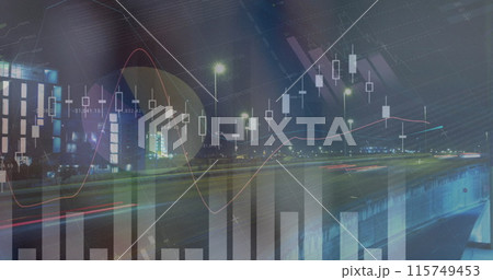 Image of financial data processing over cityscape Image of financial data processing over cityscape 115749453
