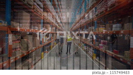 Image of financial data processing over men in warehouse Image of financial data processing over men in warehouse 115749483