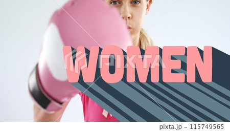 Image of woman text over woman wearing boxing gloves 115749565