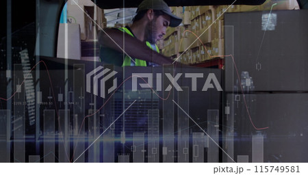 Image of statistics and financial data processing over delivery man and van Image of statistics and financial data processing over delivery man and van 115749581