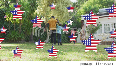 Image of stars with flag of united states of america waving over smiling african american family 115749584