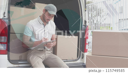 Image of statistics and financial data processing over delivery man and van 115749585