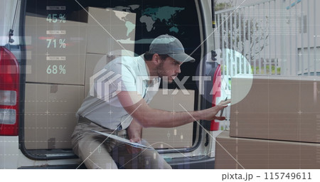 Image of statistics and financial data processing over delivery man and van 115749611