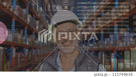 Statistical data processing against portrait of senior male supervisor smiling at warehouse Statistical data processing against portrait of senior male supervisor smiling at warehouse 115749639