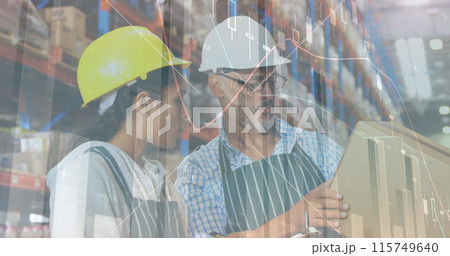 Financial data processing against male and female diverse workers working at warehouse Financial data processing against male and female diverse workers working at warehouse 115749640