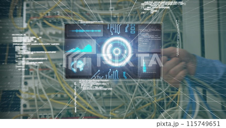 Image of data processing on digital screen over hands of caucasian man holding wires Image of data processing on digital screen over hands of caucasian man holding wires 115749651