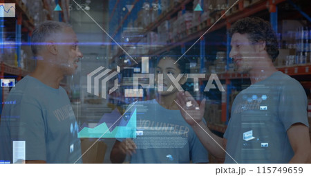 Screens with data processing against male and female volunteers high fiving each other at warehouse 115749659