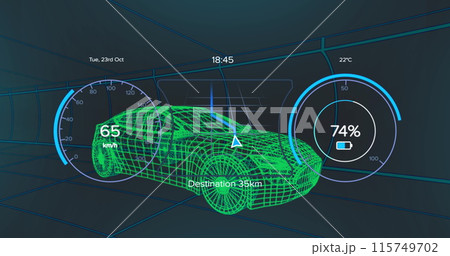 Image of car interface over digital car model on black background 115749702