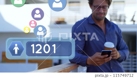 Front view of a man leaning on veranda rails, checking his phone while drinking coffee Front view of a man leaning on veranda rails, checking his phone while drinking coffee 115749712