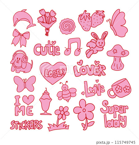 Pink drawings of puppy, dolphin, strawberry, mushroom, butterfly, bee, flower, mug souvenir, bunny, ice cream sundae, LOSER letters fruits, dessert, heart, flowers for animal, toy, summer icons 115749745