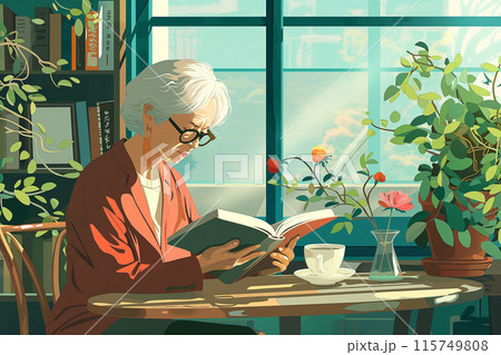 植物のあるカフェ・部屋で読書するシニア女性 115749808